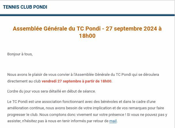 AG du TC Pondi le 27 septembre à 18h